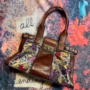 💛 FOSSIL Vintage Reissue Leather/Tapestry Velvet Floral Tote Purse